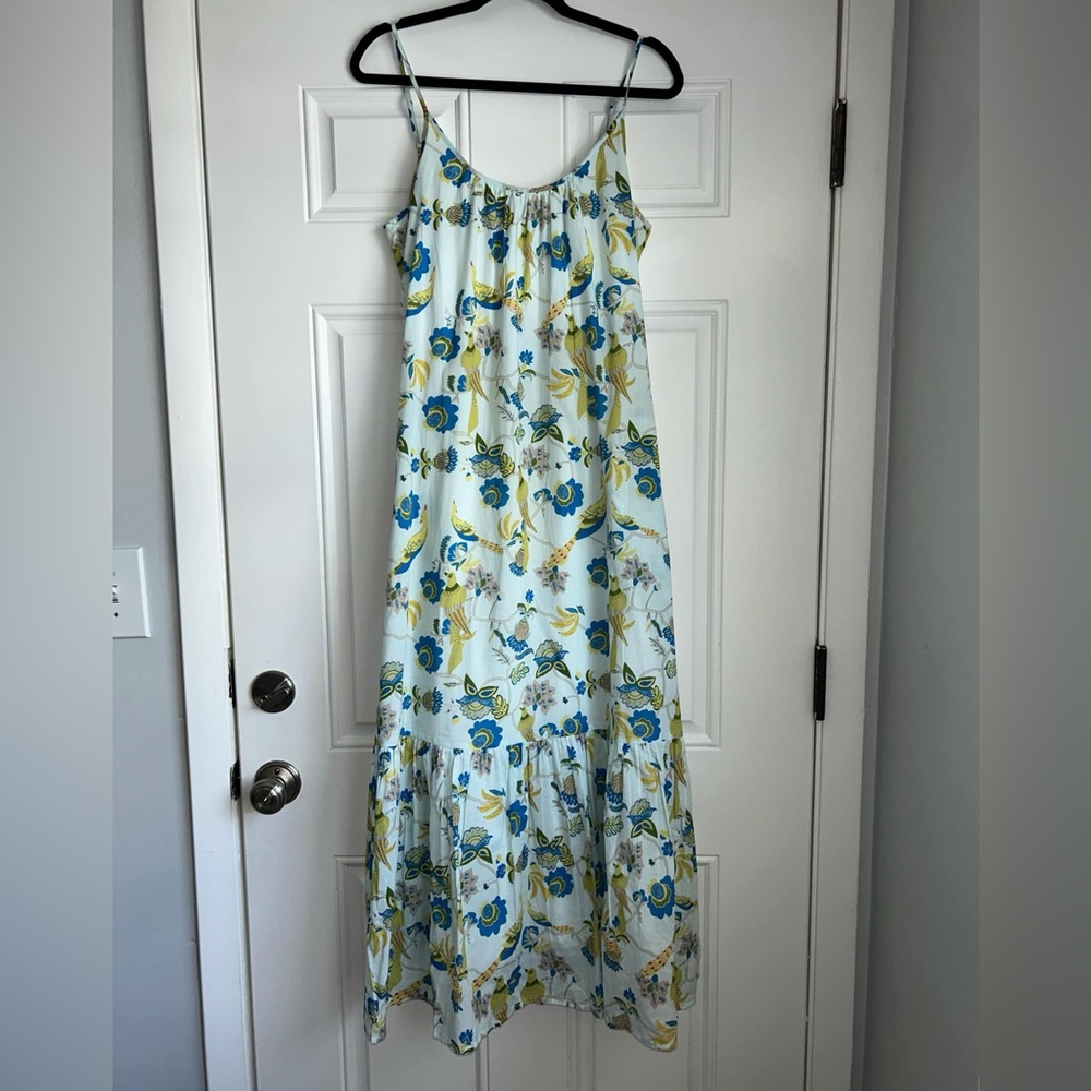 BEAU & RO SIZE S midi length summer dress baby blue floral birds print
